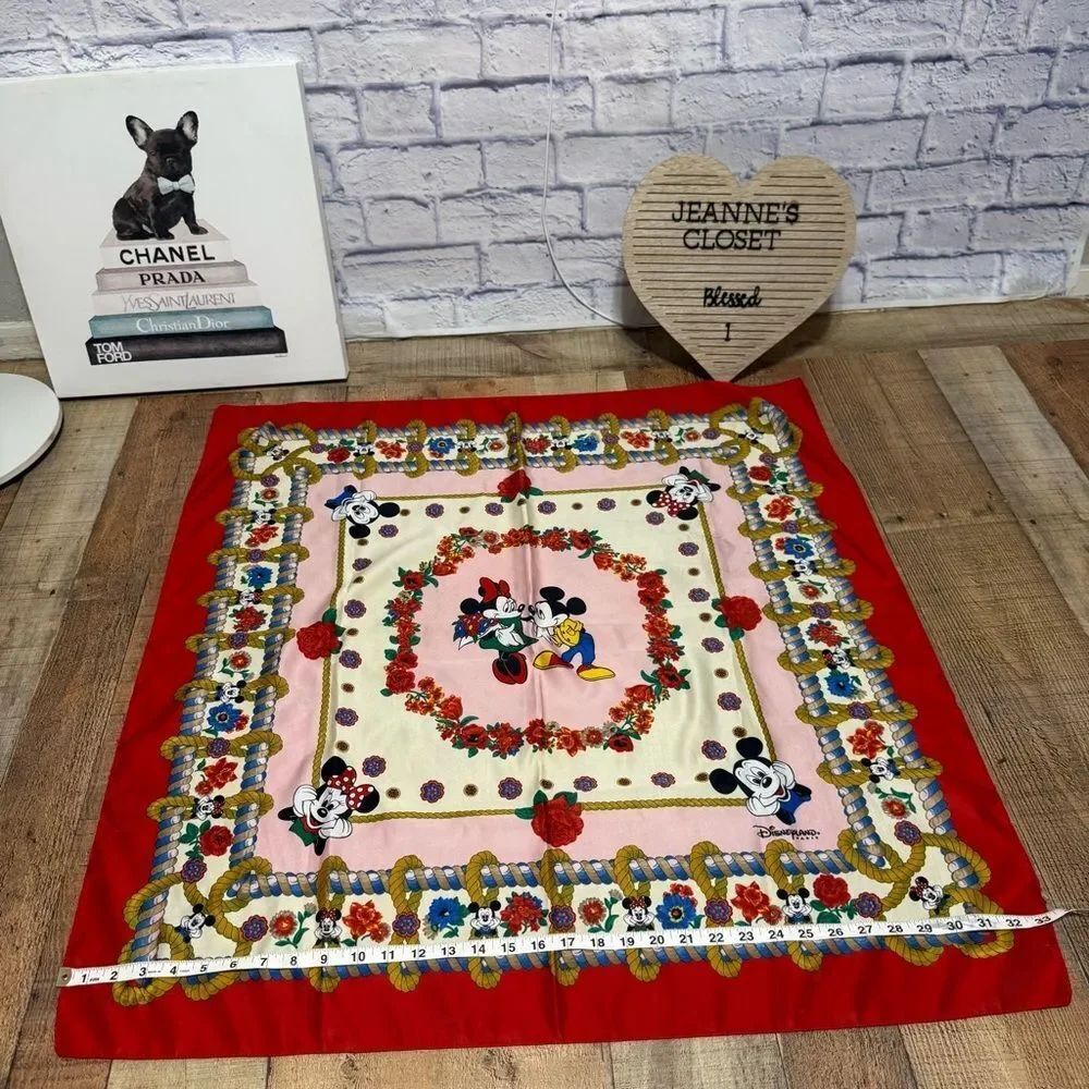 DISNEY PARKS PARIS SCARF 35" x 33” Disneyland Mickey Minnie Ropes Floral - Picture 9 of 10